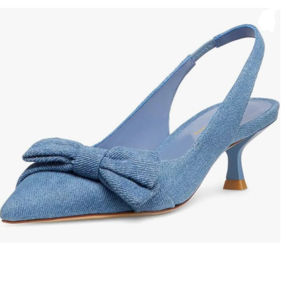 Blue Denim Bowknot Slingback Kitten Heel Dress Shoes